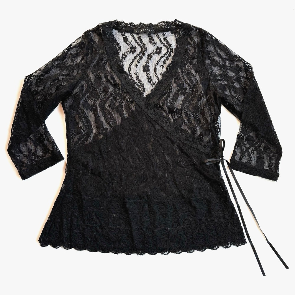 Vtg Sheer Black Lace Top Women M L Y2K Rave Goth Whimsigoth Dark Fairy Coquette